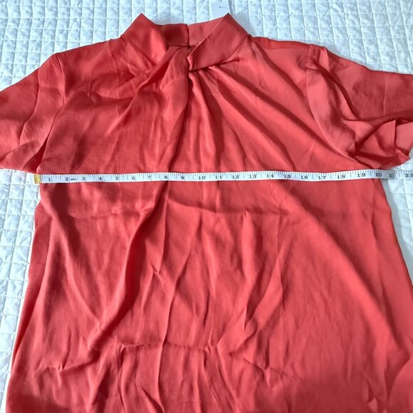 Ann Taylor Factory Womens Coral Short Sleeve Blouse With Tie Neck Size M 100% Po - Picture 7 of 9